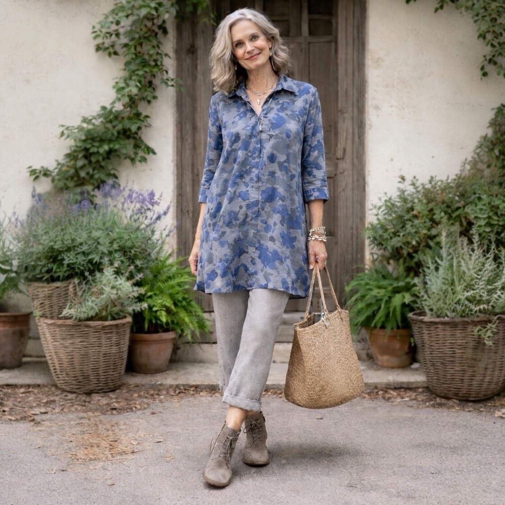 Comfy USA Tunic Shirt Dress Blue Gray Abstract Print Small Made USA Lagenlook